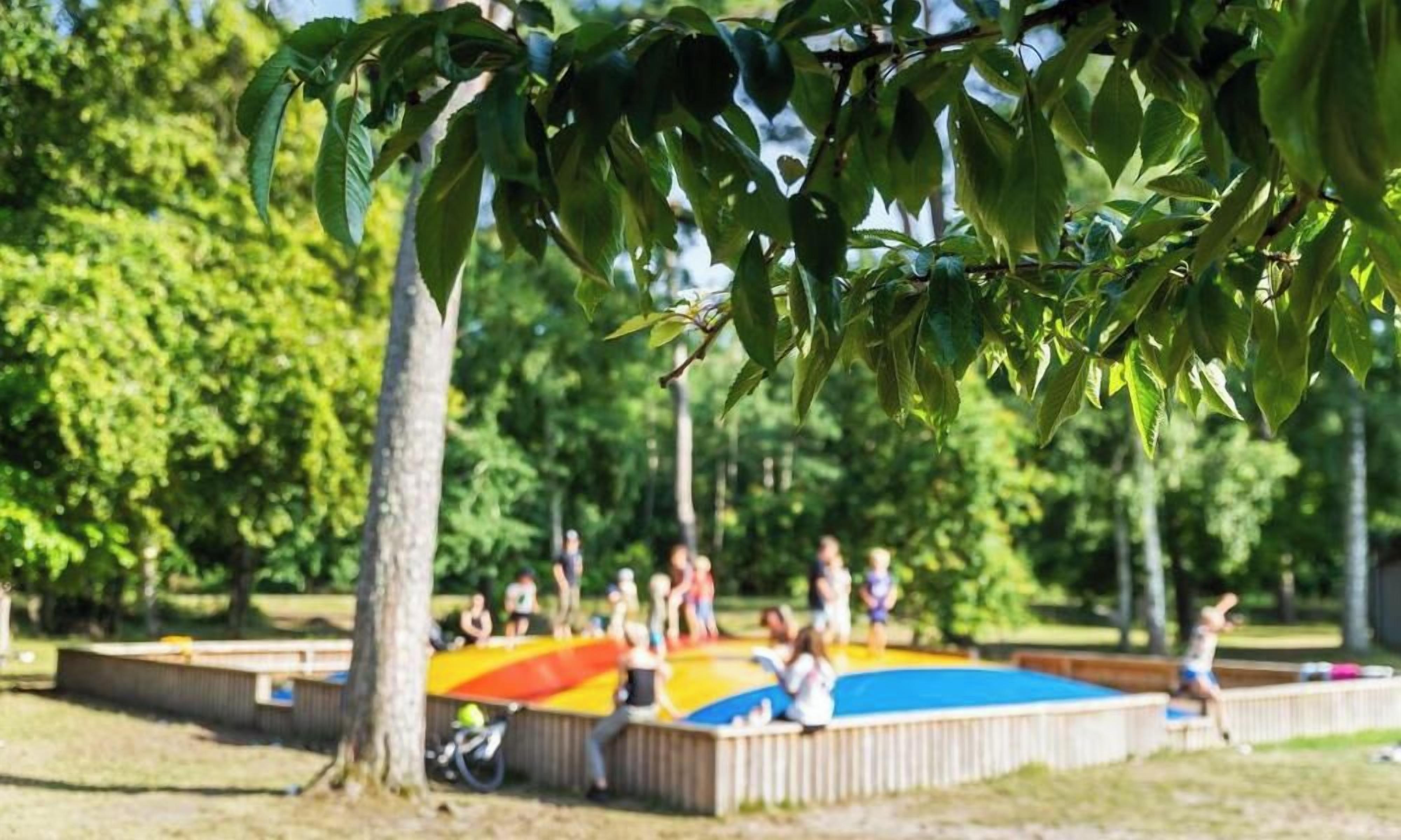 Un parque infantil con una estructura de juegos colorida y un árbol al frente.