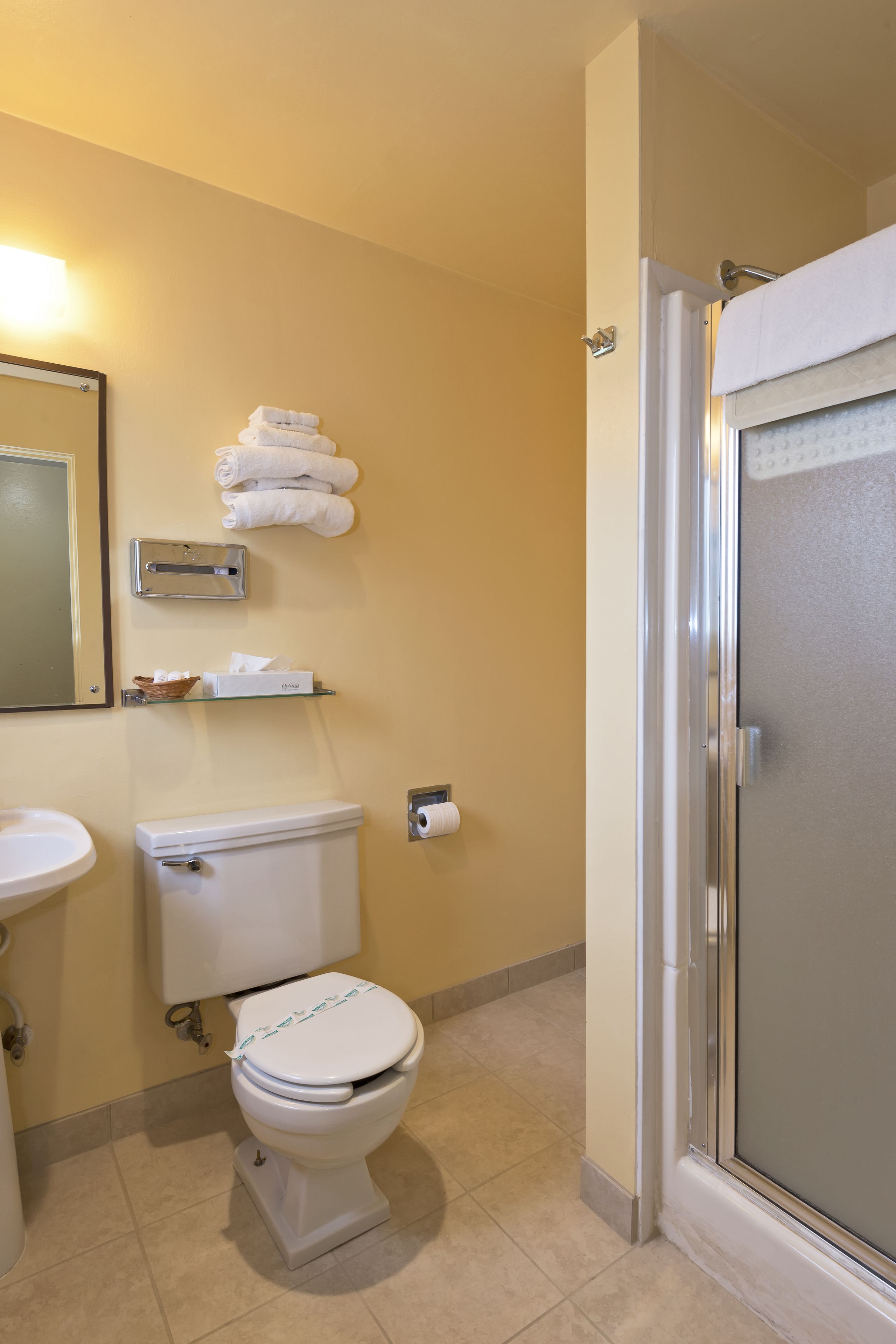 A bathroom with a toilet, sink, and a glass shower enclosure.