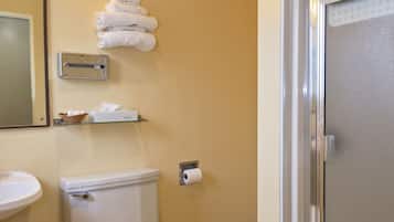 A bathroom with a toilet, sink, and a glass shower enclosure.