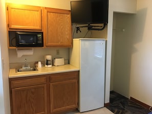 Fridge, microwave, coffee/tea maker