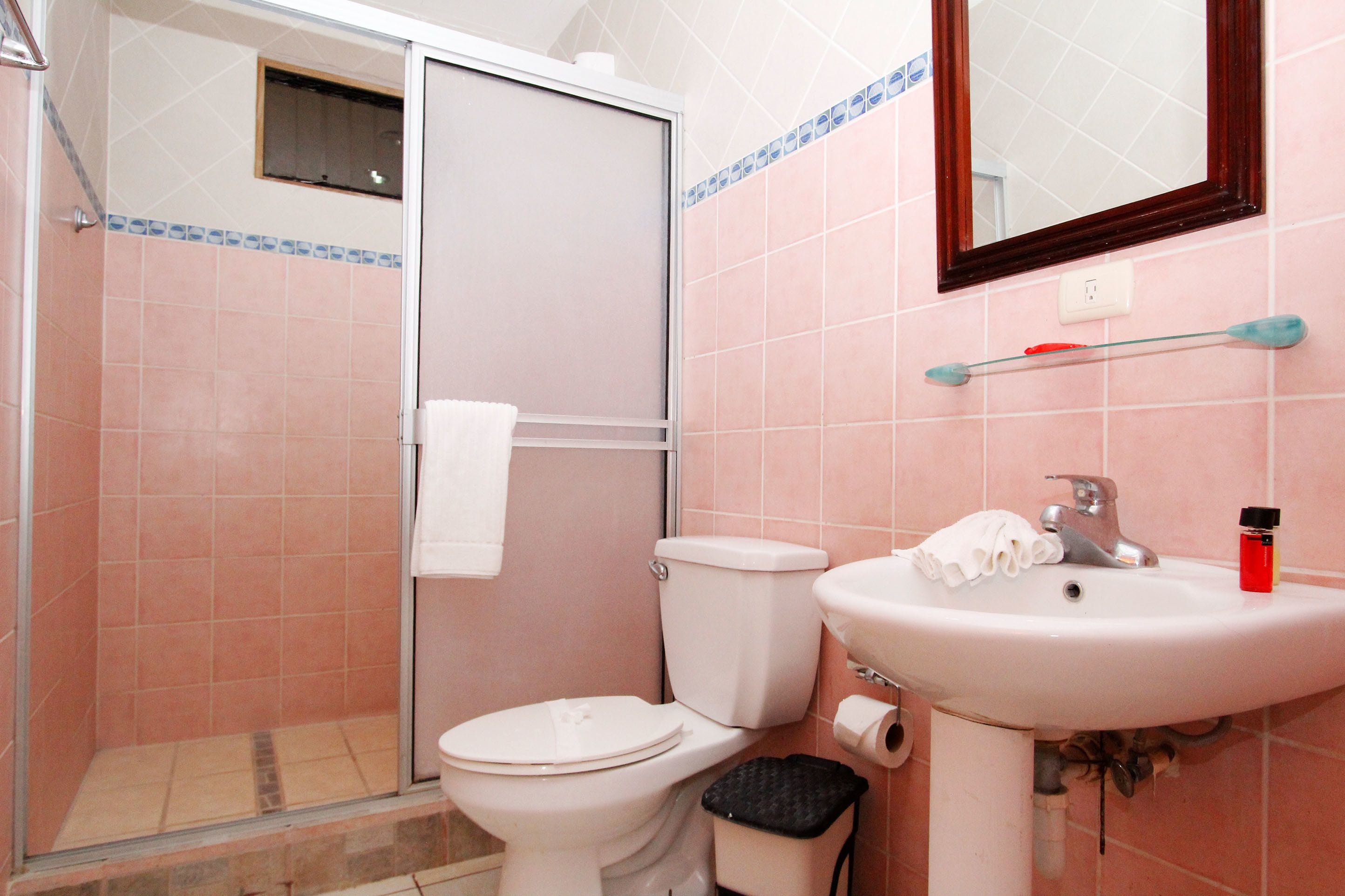 A bathroom with a shower, toilet, sink, and mirror.