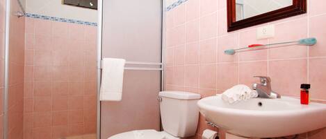 A bathroom with a shower, toilet, sink, and mirror.