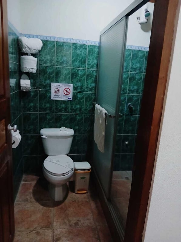 Un baño pequeño con inodoro, un cubo de basura y zona de ducha.