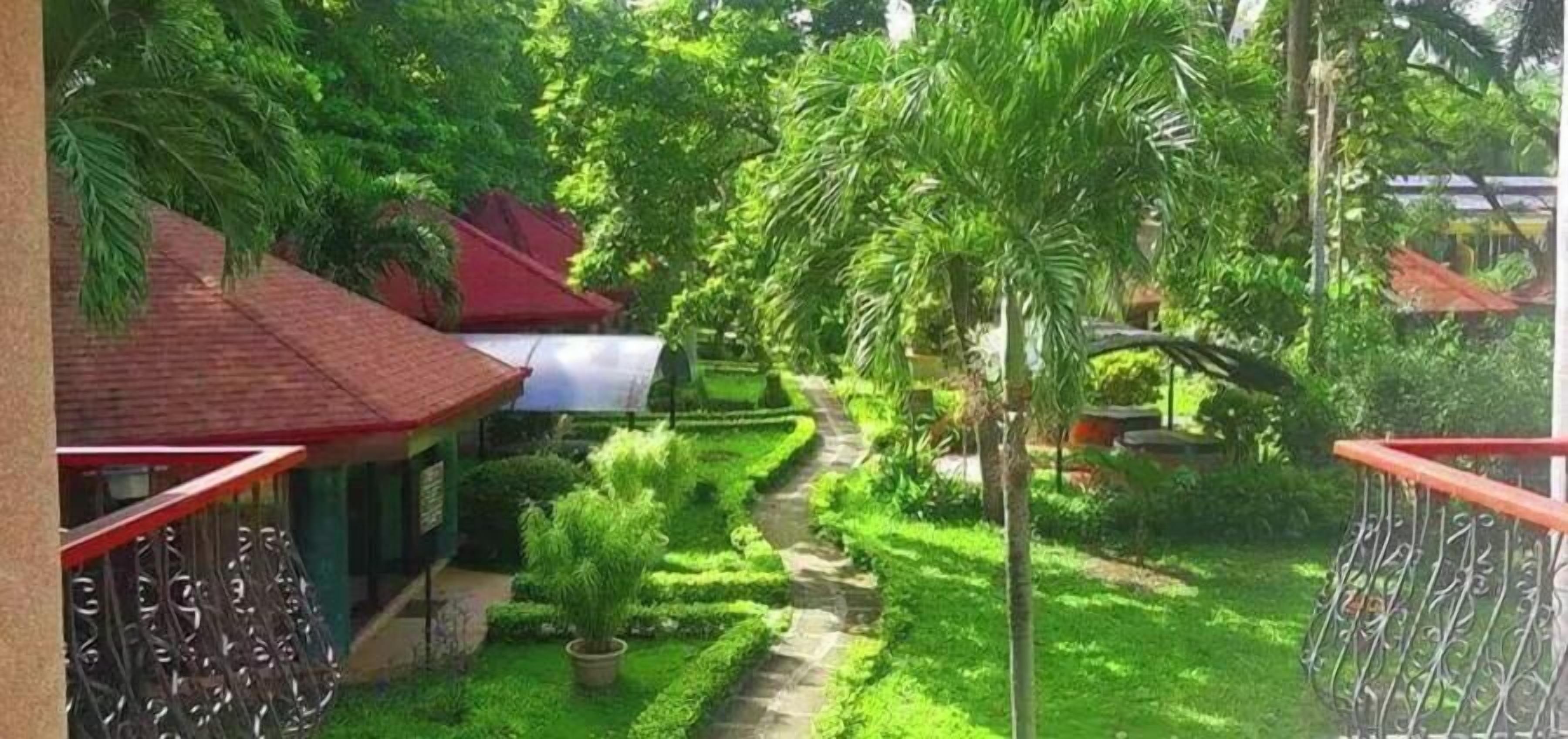 A garden with a pathway, a red-roofed building, and a metal fence.