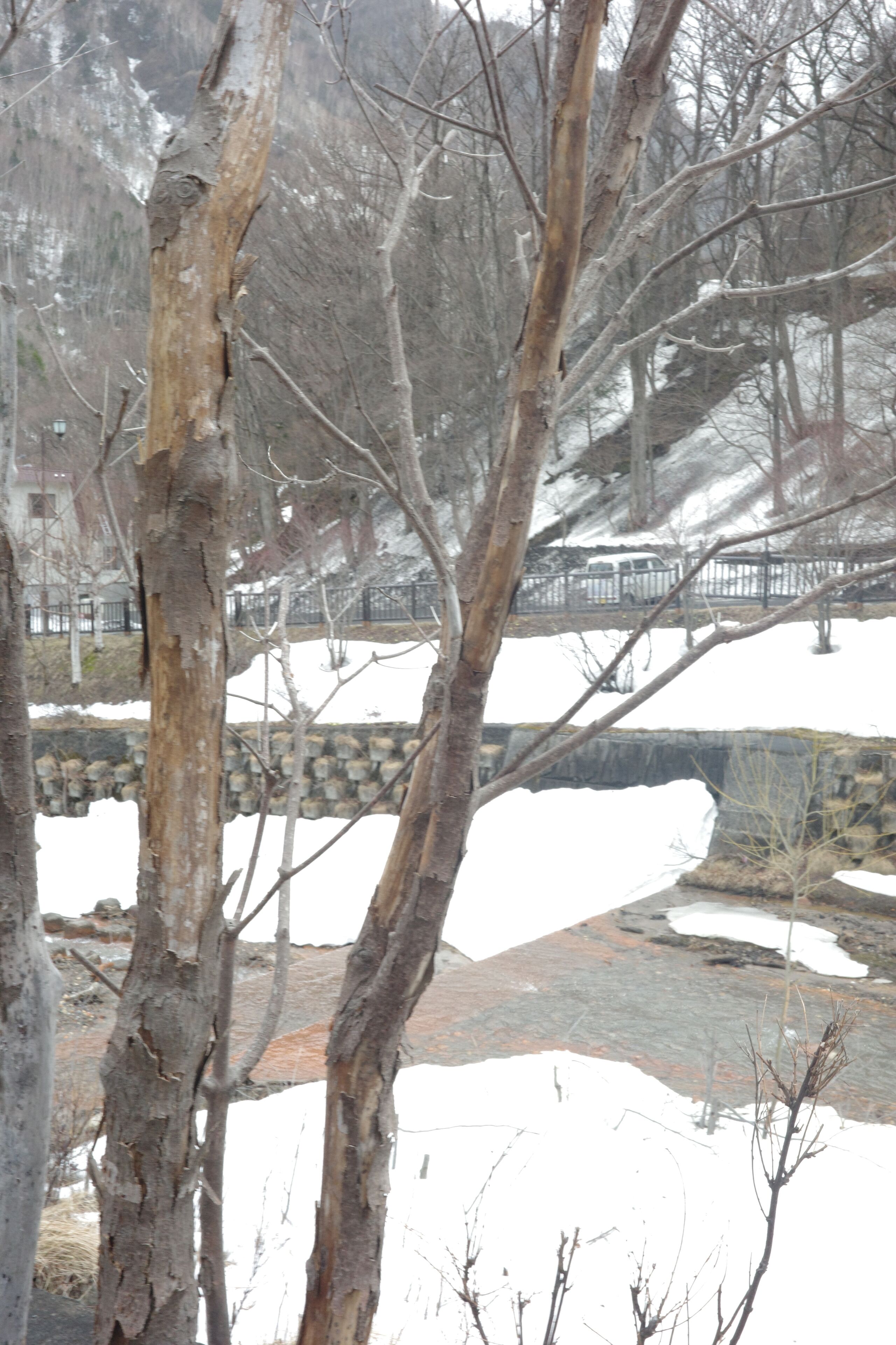 A stone bridge over a snow-covered path, surrounded by bare trees and a stone wall.