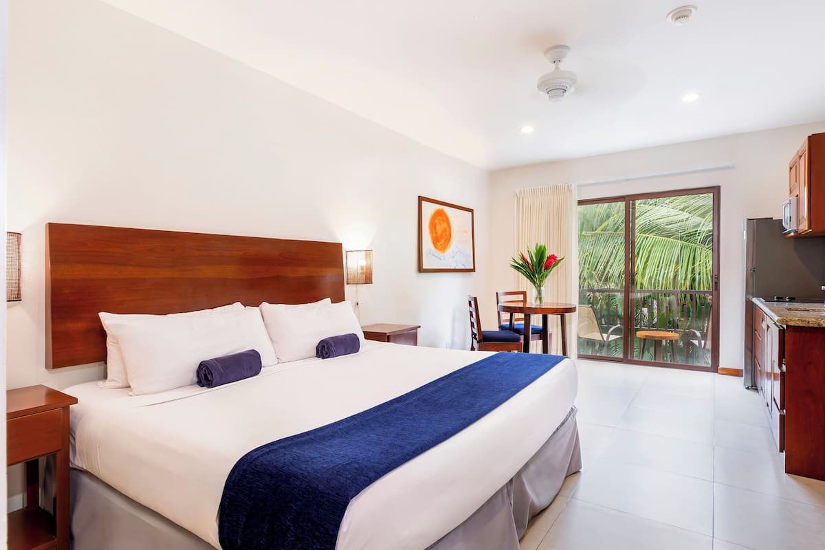 Ein Hotelzimmer mit einem großen Bett, einem Schreibtisch, einem Sessel, einem kleinen Tisch mit Pflanze und einem Balkon mit Blick auf Grünflächen.
