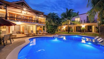 Outdoor pool, pool umbrellas, pool loungers