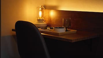 Down duvets, desk, blackout curtains, soundproofing