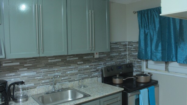 A kitchen with teal cabinets, a stainless steel sink, a stove, and a coffee maker.
