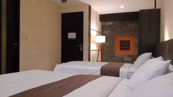 Desk, blackout drapes