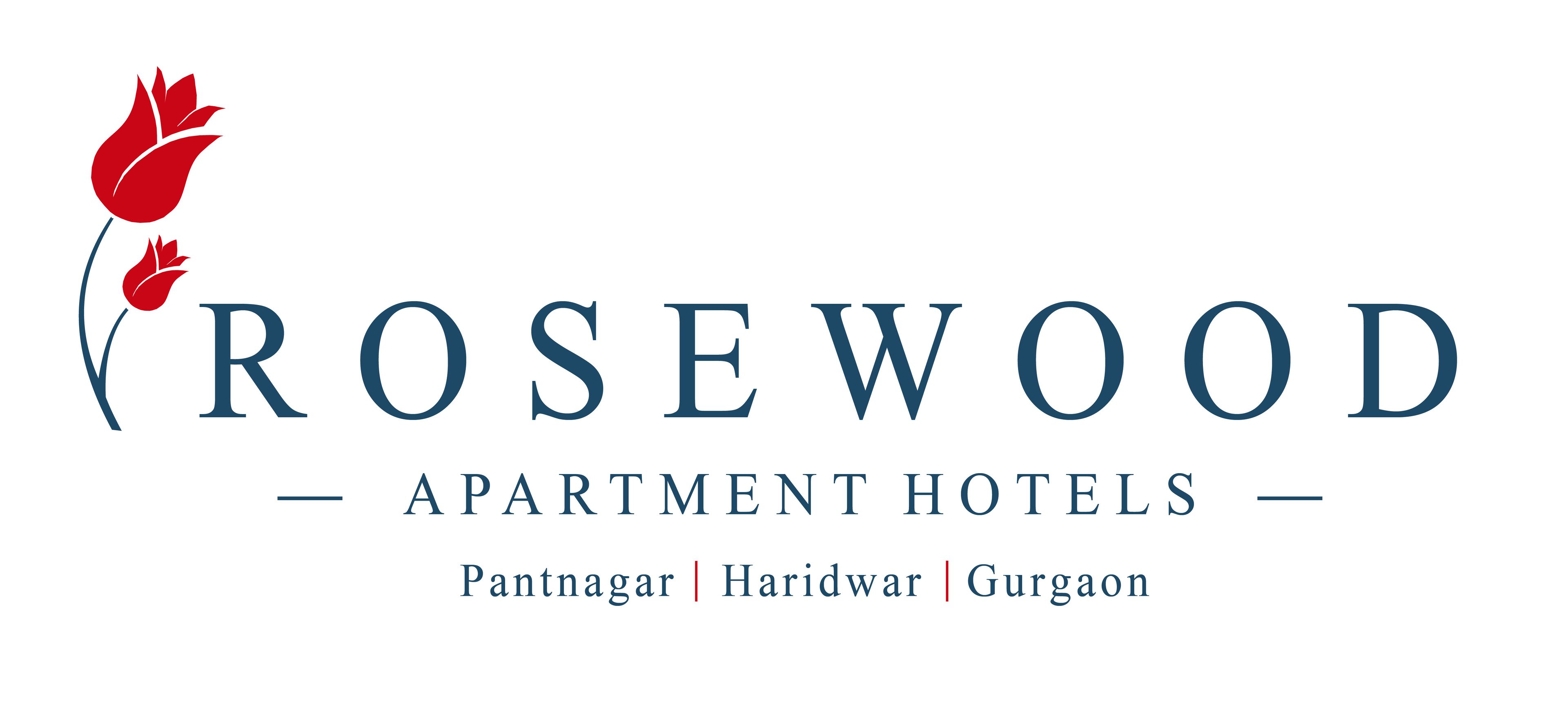 The logo for Rosewood Apartment Hotels with a stylized red tulip and the names of three locations: Pantnagar, Haridwar, and Gurgaon.