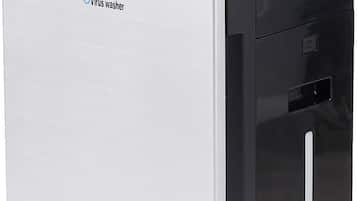 Un lavador de virus compacto y moderno, con un diseño elegante, que presenta un logotipo de marca destacado y un panel de control en la parte superior.