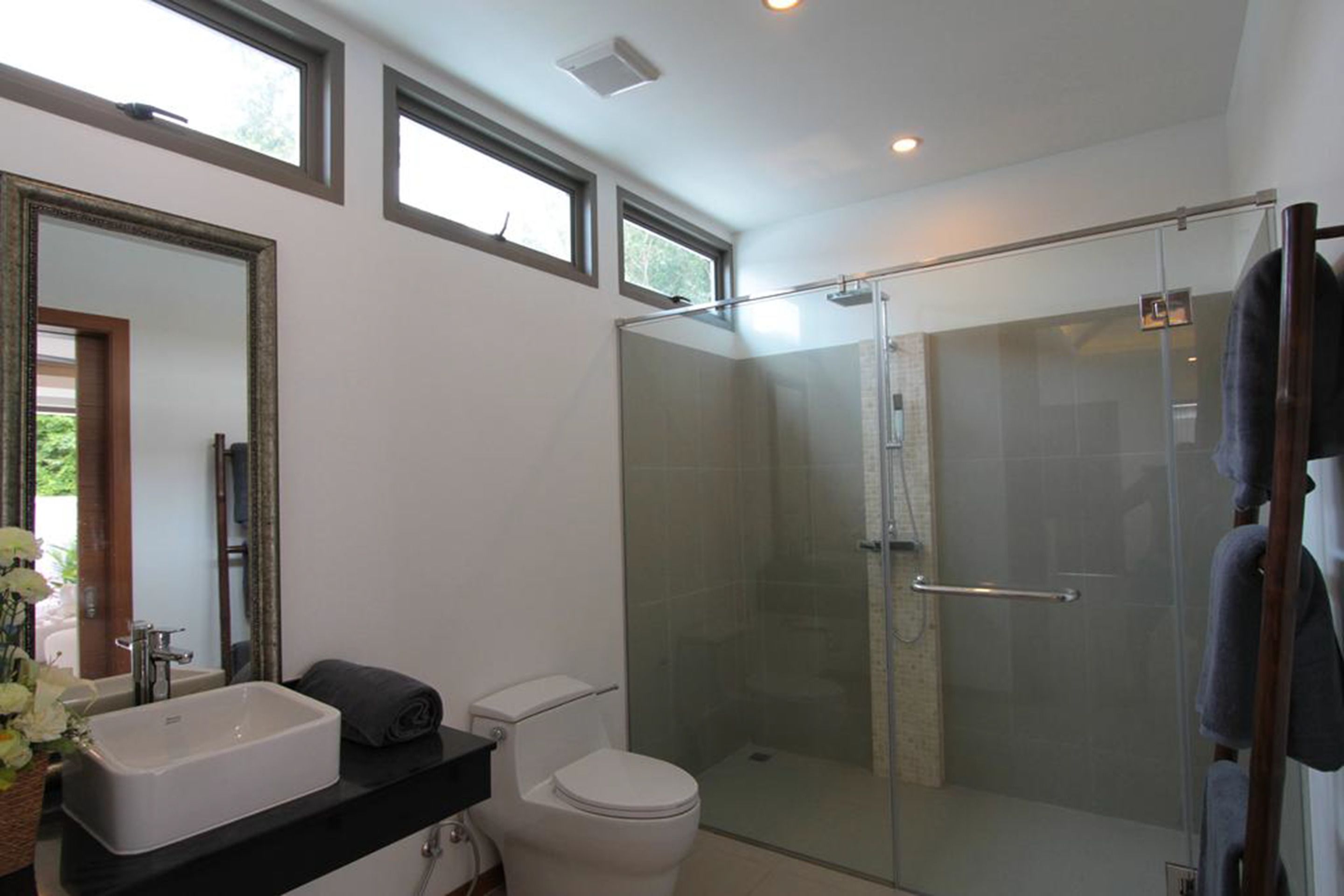 Une salle de bain moderne avec une douche à parois de verre, un lavabo blanc et des toilettes.