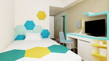 Down comforters, desk, blackout drapes, soundproofing