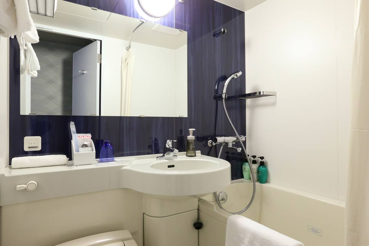 combined shower/bathtub, free toiletries, hair dryer, bathrobes