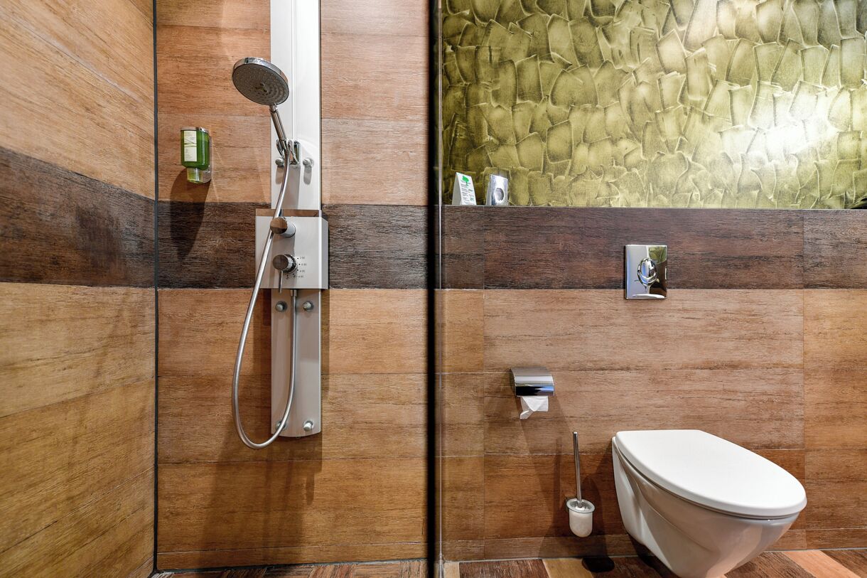 A modern bathroom with a shower, toilet, and a decorative wall.