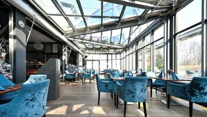 Un comedor interior moderno con sillas azules y techo de vidrio.