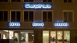Un bâtiment avec des enseignes lumineuses indiquant « Carpinus Hotel », « Resto » et « Salon ».