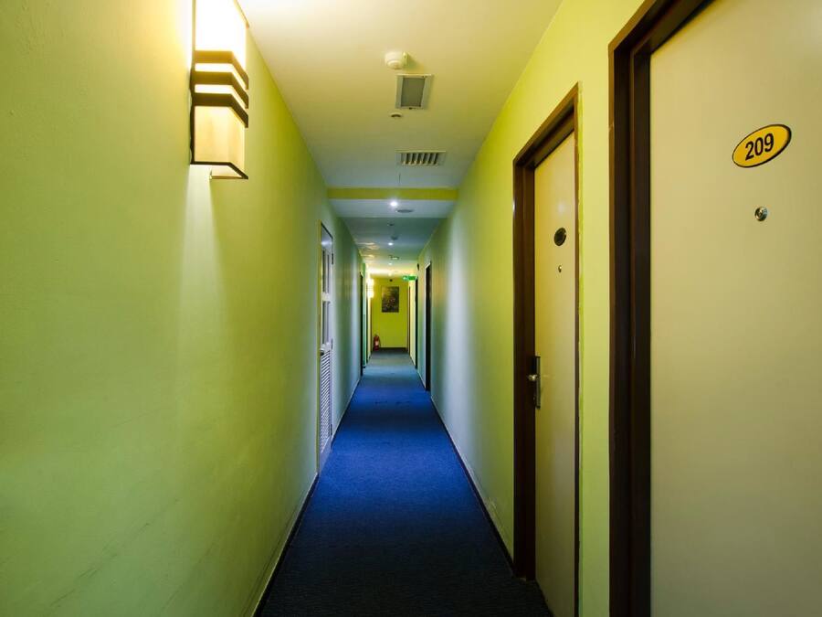 Pasillo de hotel con alfombra azul, paredes amarillas y puertas numeradas 209.