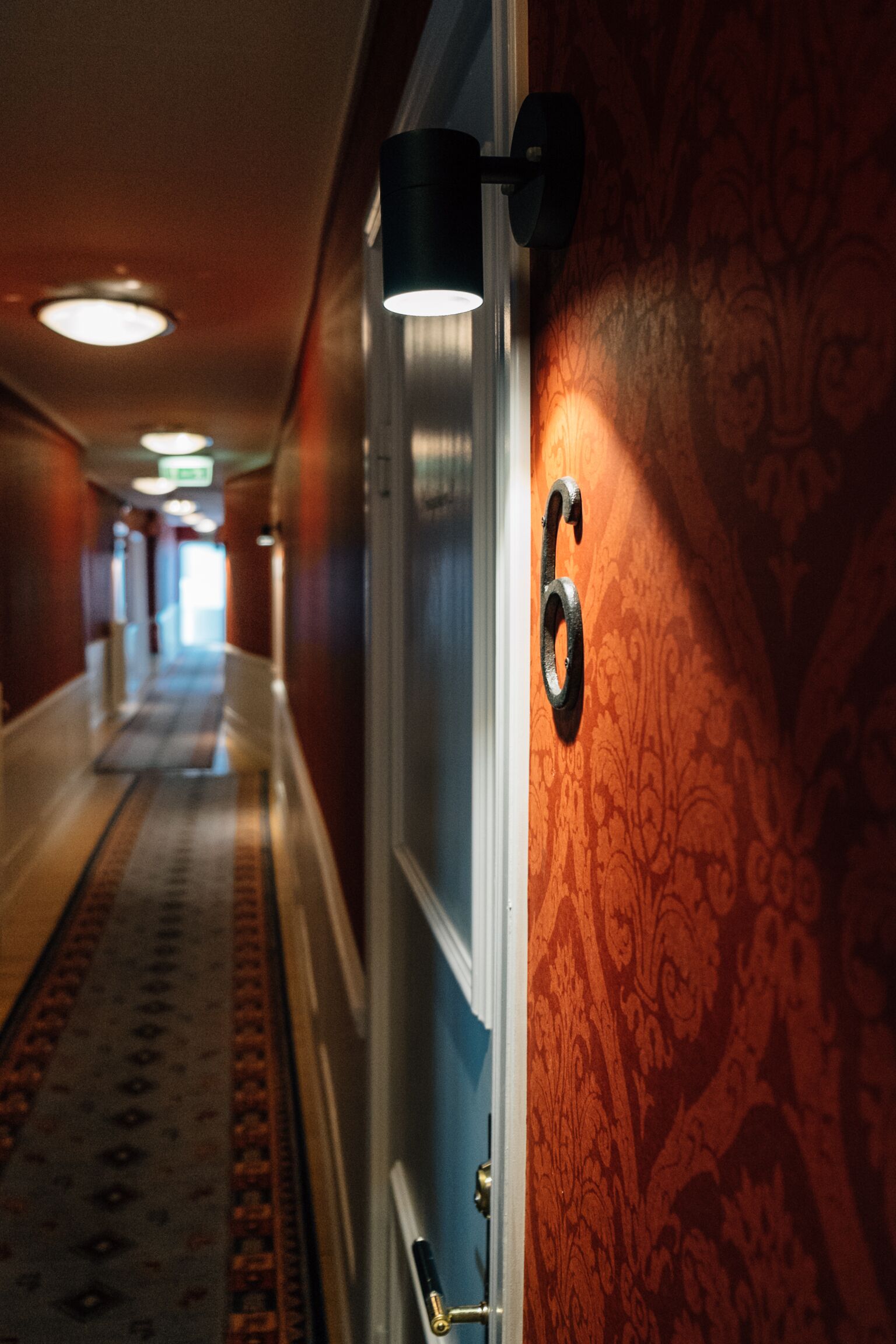 Un couloir avec un mur orné de motifs, une porte portant un numéro et un sol recouvert de moquette.