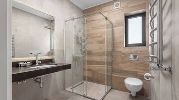 A modern bathroom with a glass shower enclosure, a toilet, and a vanity with a mirror.