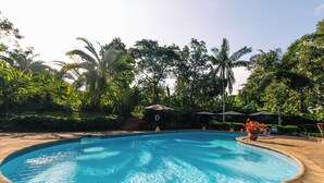 A circular pool surrounded by lush greenery and palm trees, with a small structure in the background. - Aishi Machame Hotel (Moshi)