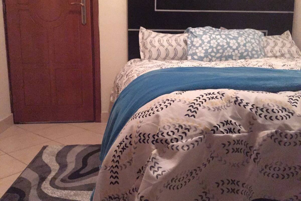 A bedroom with a bed, pillows, and a door.