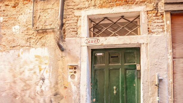 A green door with a metal grille and a small window above it. - Ca' Marina (Venice)