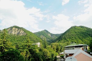 Un paisaje montañoso con edificios integrados entre los árboles.