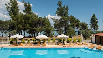 Outdoor pool, pool umbrellas, pool loungers
