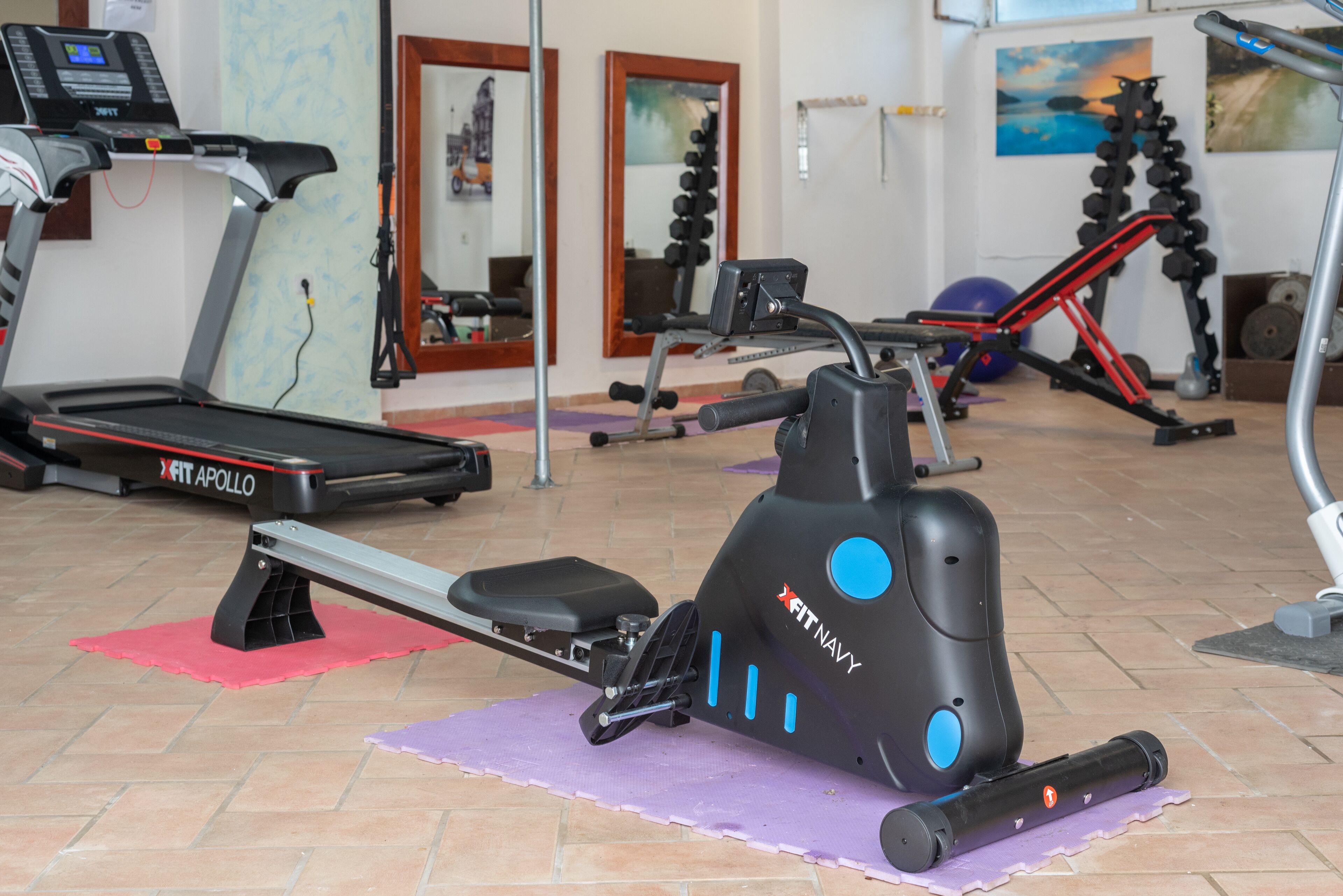 A gym with a treadmill, an elliptical machine, and various weights.