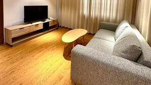 A modern living room with a flat-screen TV on a wooden stand, a grey sofa with cushions, a small wooden coffee table, and a large window with curtains. - Mika Hotel (Ulaanbaatar)