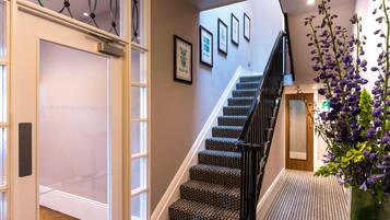 A staircase with patterned carpet and black railings, leading to a room with a wooden floor and a large window.