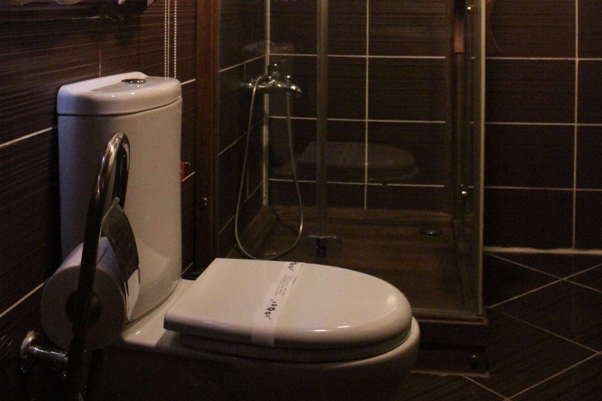 A bathroom with a toilet, a glass-enclosed shower, and a towel rack.