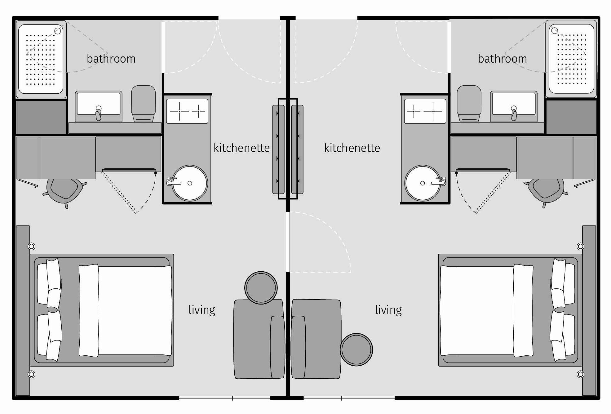 A floor plan of a hotel with two bathrooms, two kitchens, and two living rooms.