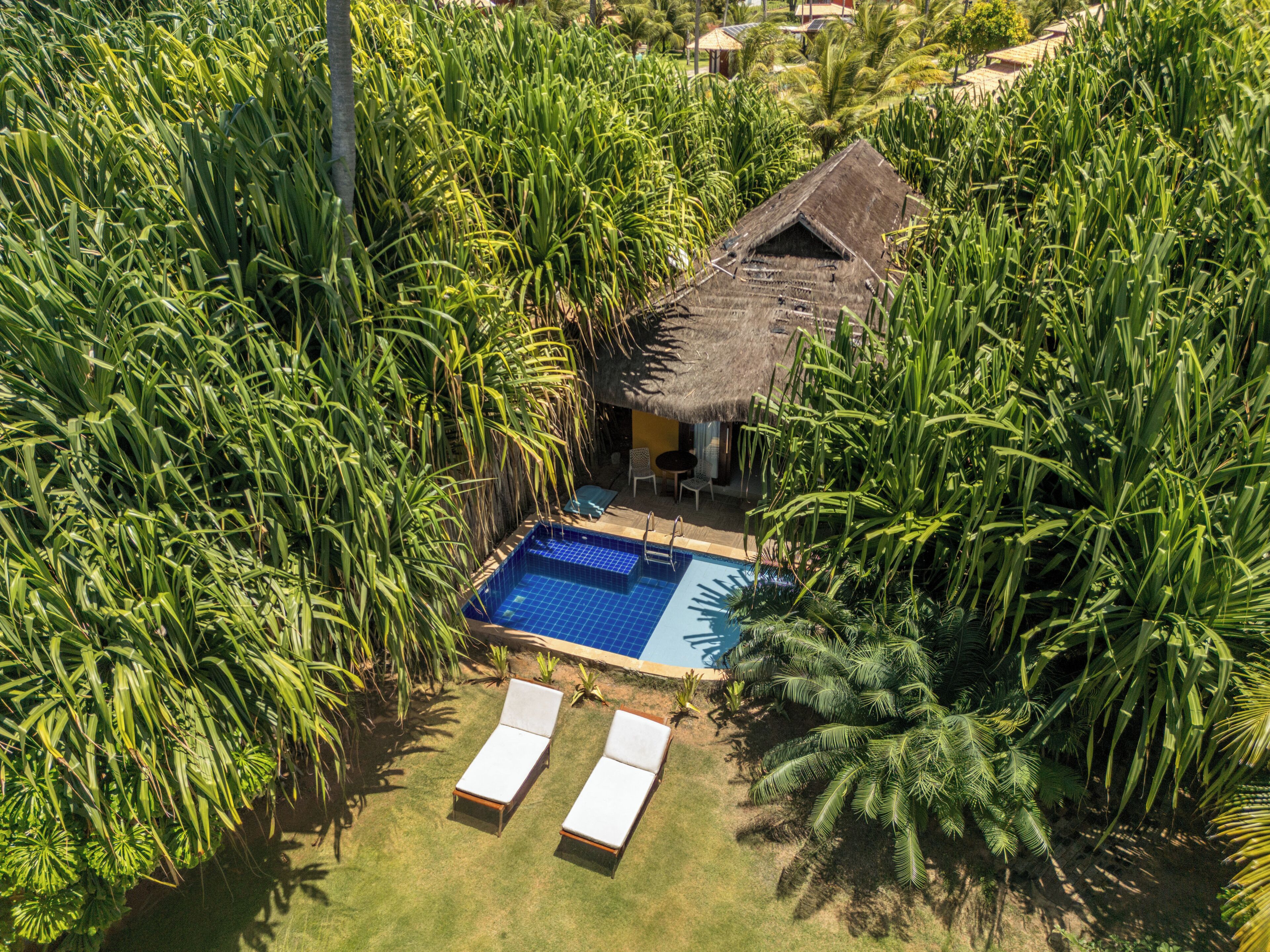 An aerial view of a house surrounded by dense tropical vegetation, featuring a swimming pool with two sun loungers.