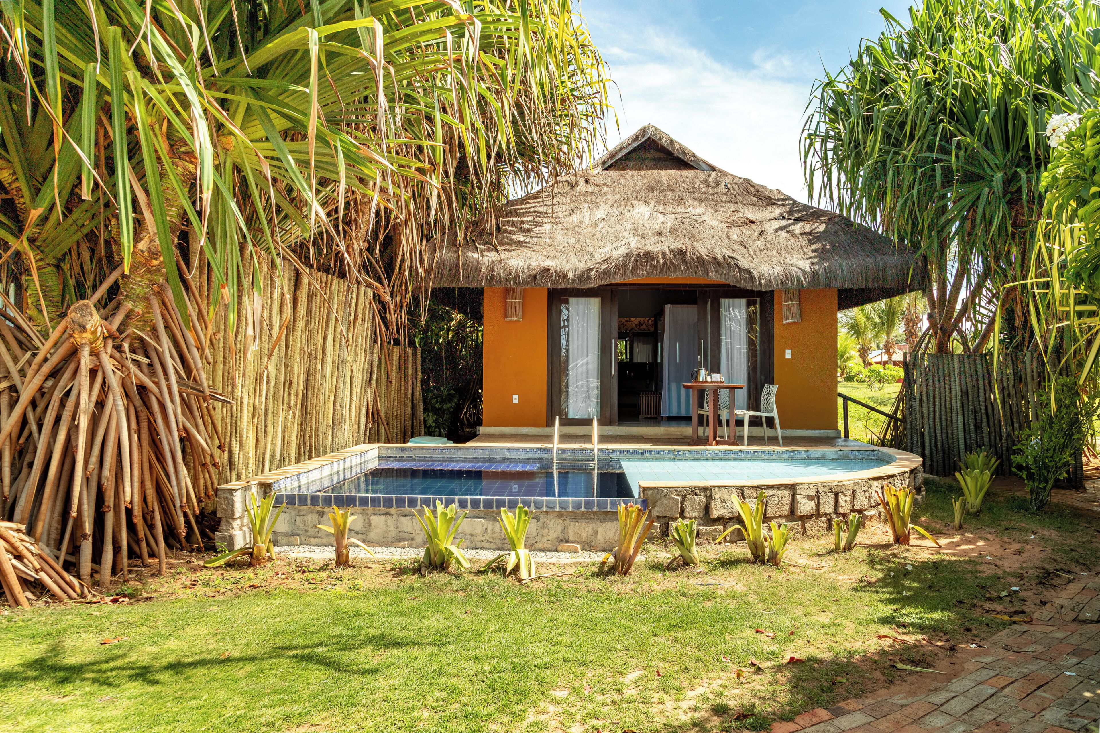 A thatched-roof bungalow with a swimming pool, surrounded by tropical vegetation.