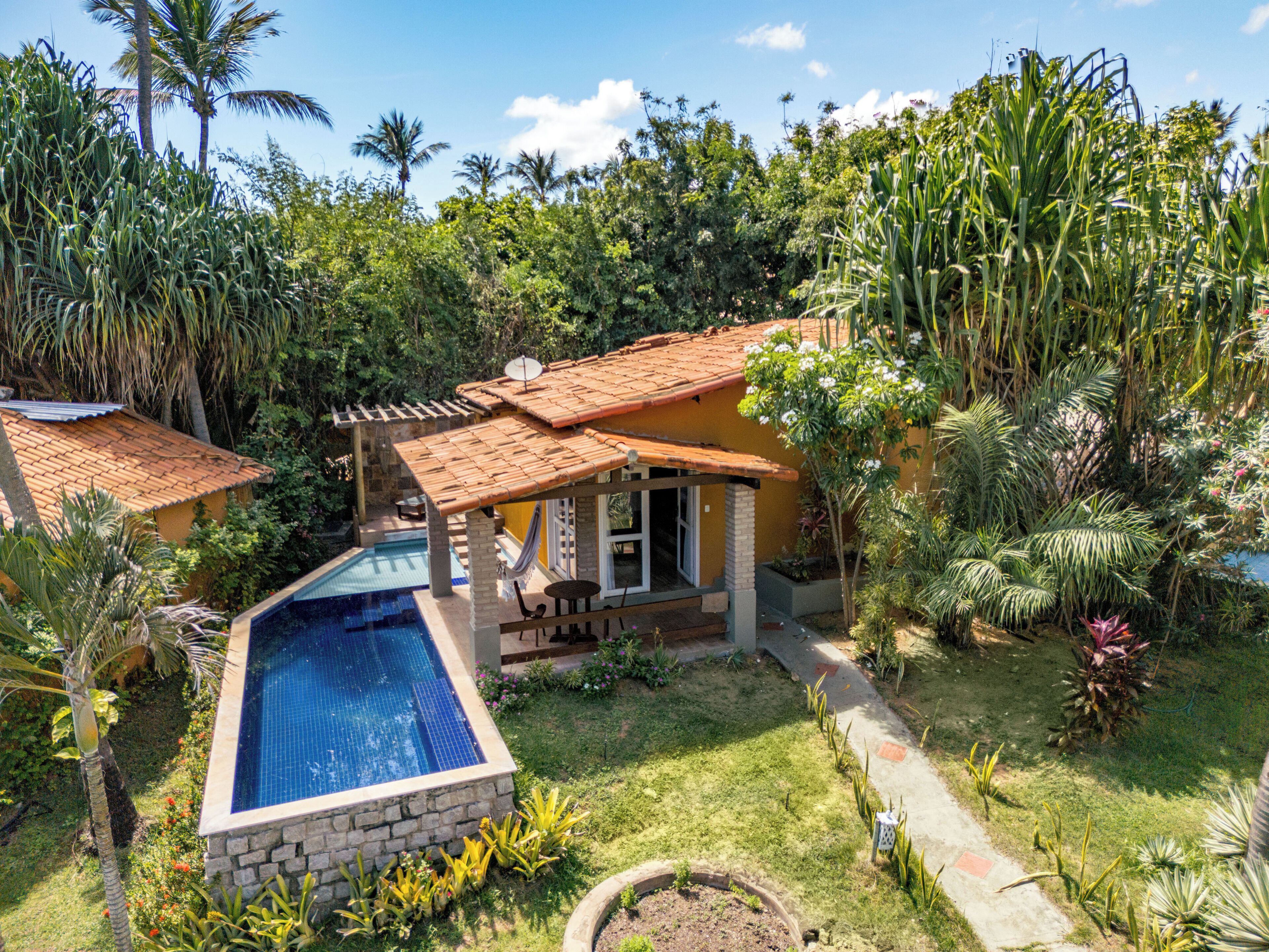 Una casa con piscina, rodeada de exuberante vegetación y palmeras.