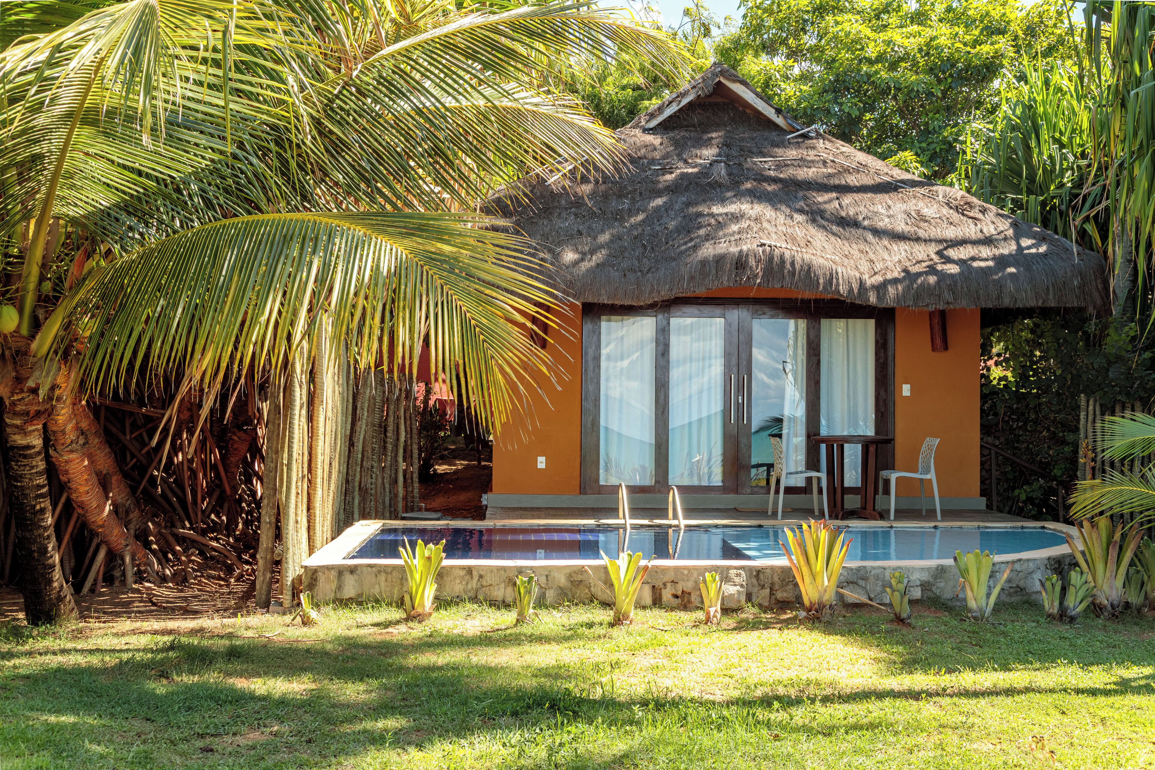 A house with a thatched roof, a swimming pool, and a lawn with tropical plants.