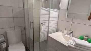 A modern bathroom with a glass-enclosed shower, a white toilet, and a vanity with a sink and mirror.