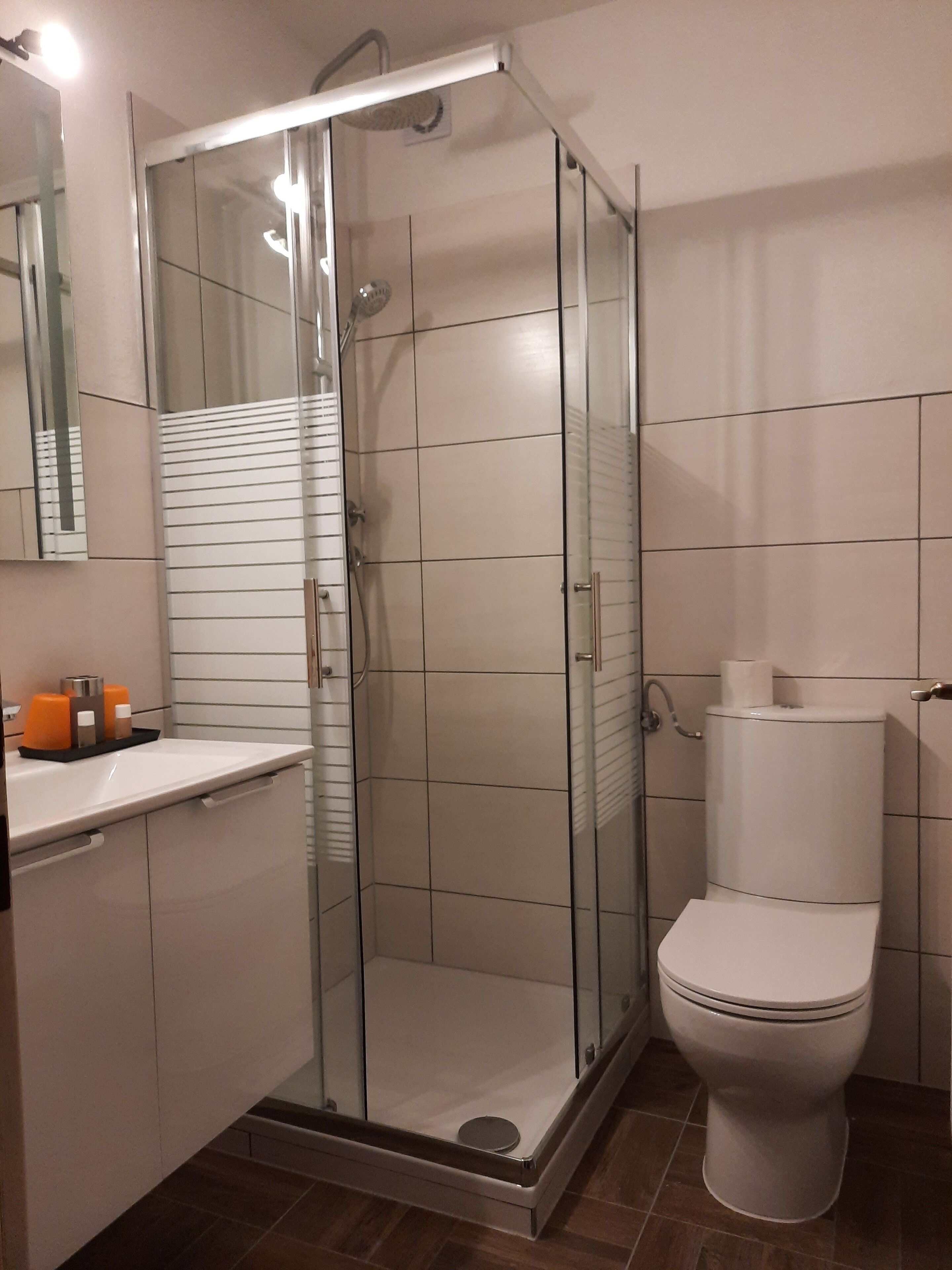 Une salle de bain moderne avec une douche à parois de verre, des toilettes blanches et un lavabo avec un miroir.