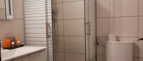 Une salle de bain moderne avec une douche à parois de verre, des toilettes blanches et un lavabo avec un miroir.