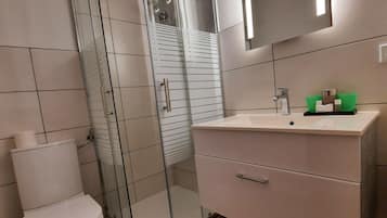 A modern bathroom with a glass shower enclosure, a white toilet, a vanity with a mirror, and a sink.