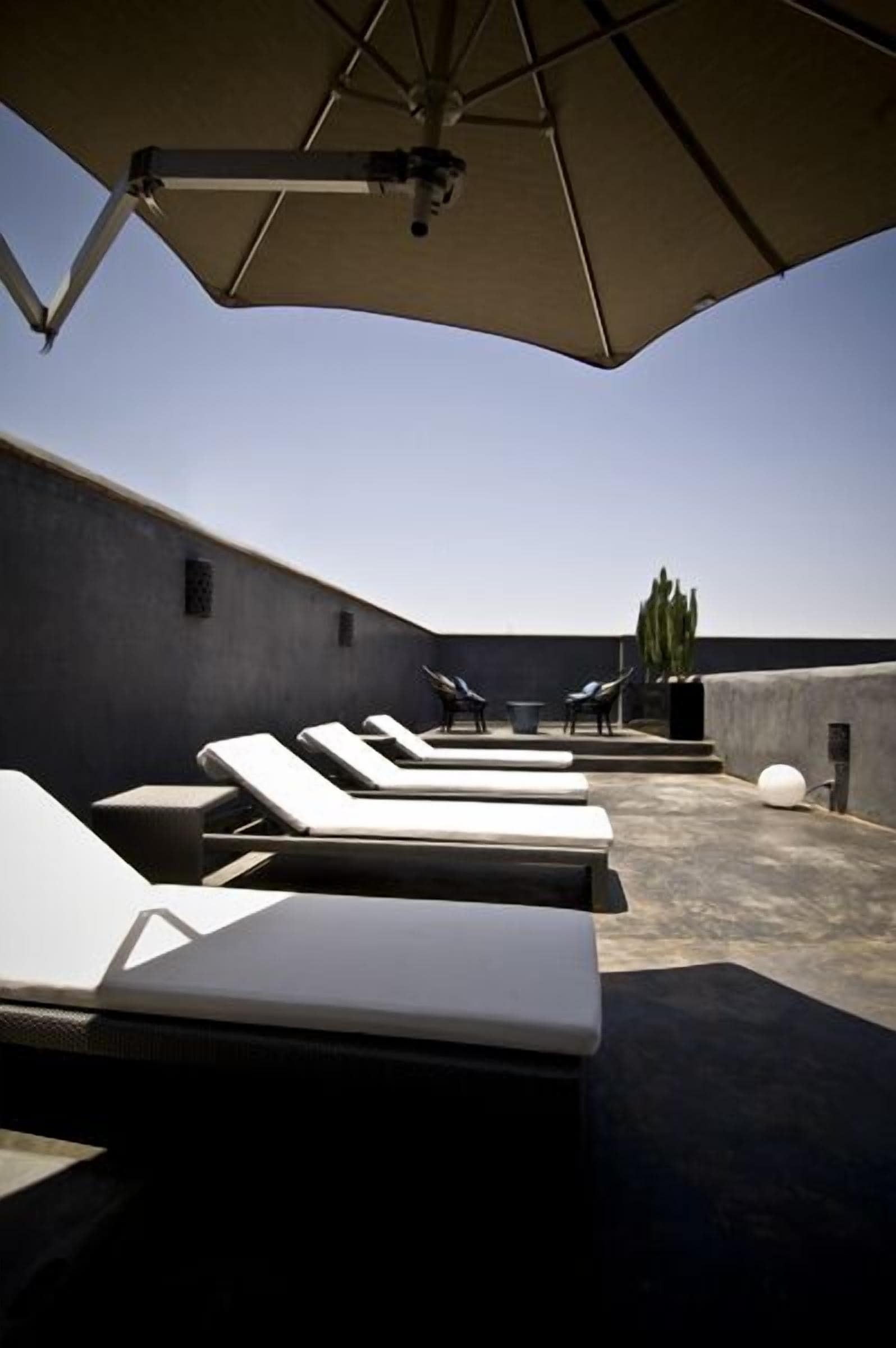 A rooftop lounge area with sunbeds and umbrellas, a cactus plant, and a clear sky.