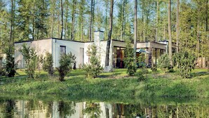 A modern cabin with a large window, surrounded by a forest and a pond. - Center Parcs Les Bois-Francs (Les Barils)
