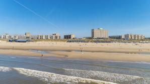 A beach with a sandy shore and a few buildings in the background. - Center Parcs Zandvoort Beach (Zandvoort)