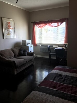 A room with a dark wood floor, a gray sofa with a cushion, a bed with a patterned blanket, a desk with a chair, a window with red curtains, and a framed picture on the wall.