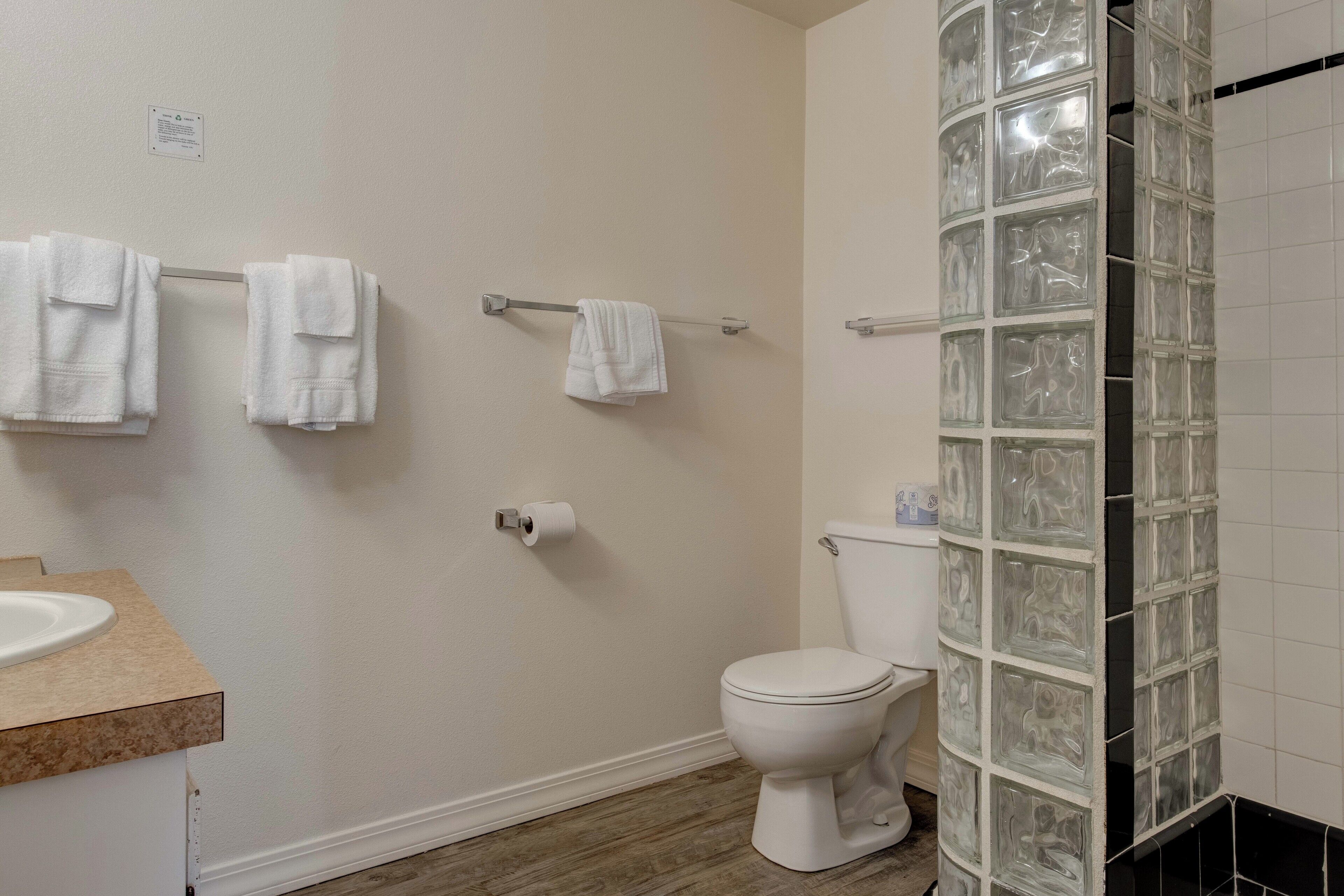 A bathroom with a toilet, a towel rack with towels, a sink, and a glass block shower enclosure.