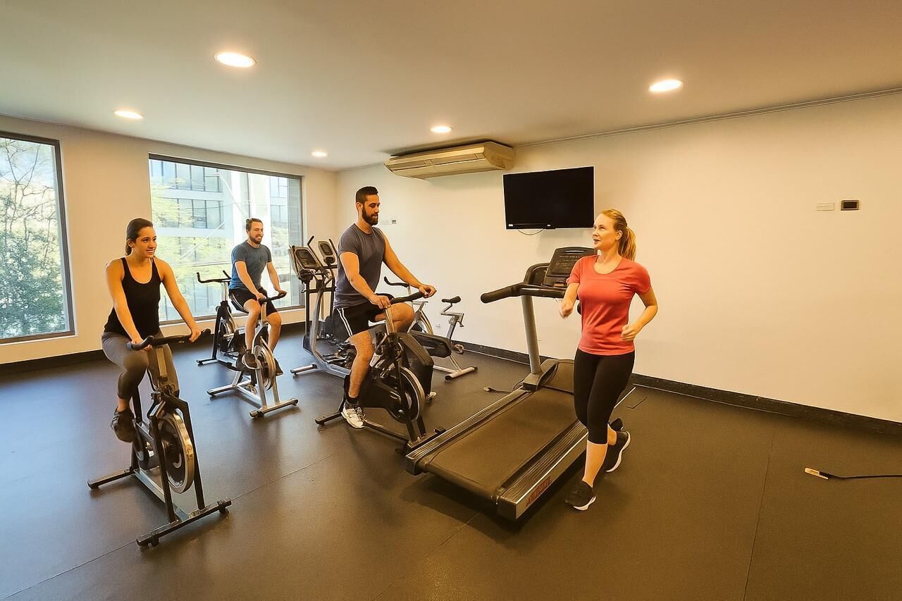 Un gimnasio con cuatro personas usando equipo de cardio, un televisor en la pared y amplias ventanas.