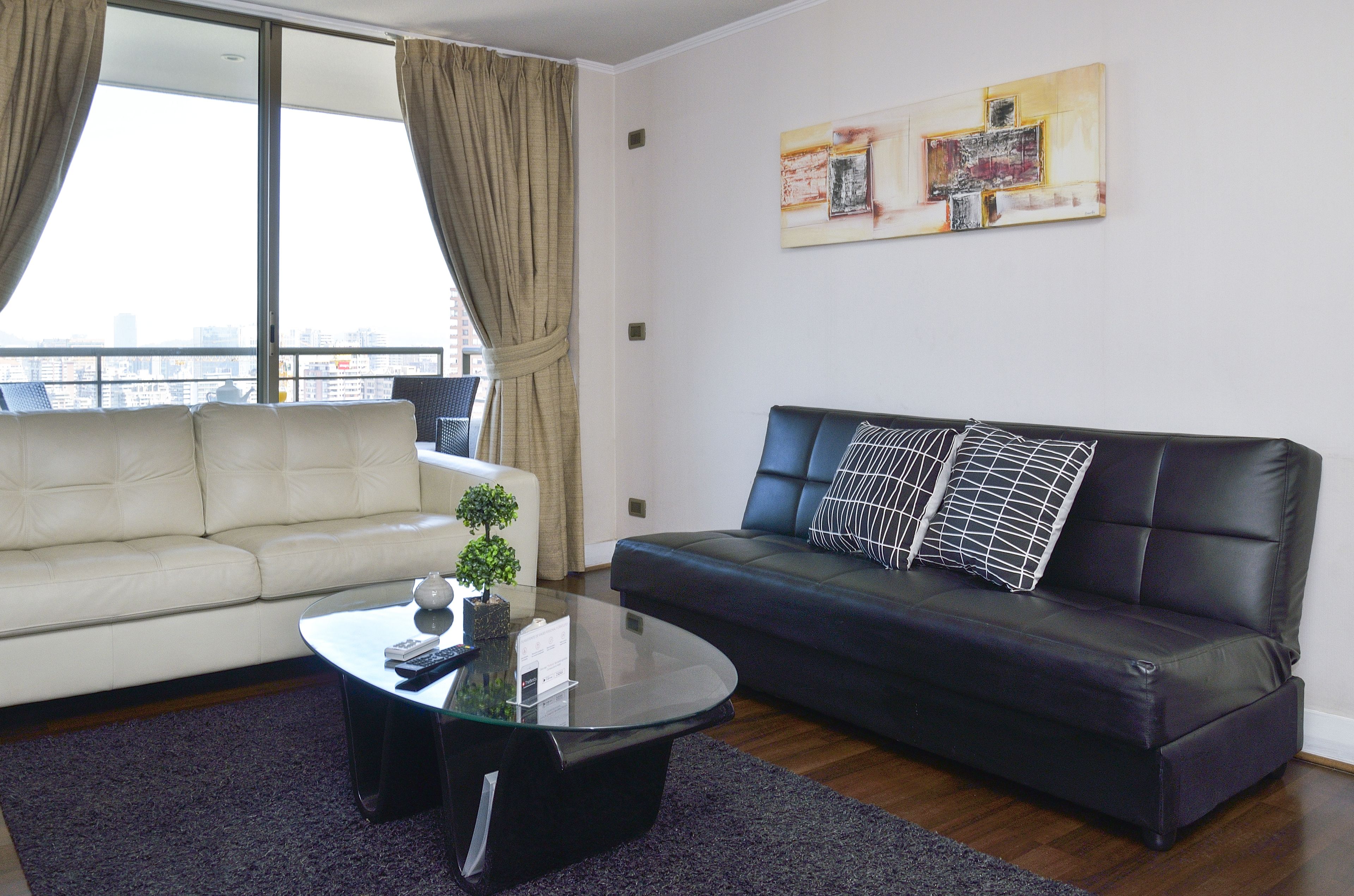 A living room with a white sofa, a black sofa, a glass coffee table, and a small plant.